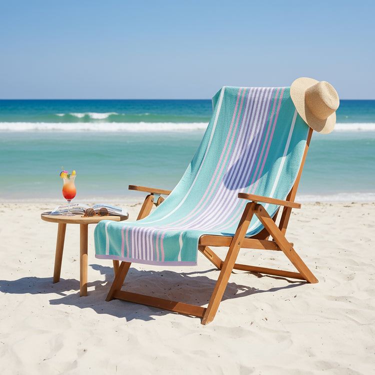 Blue Cabana Velour Large Beach Towel - Blue/Pink