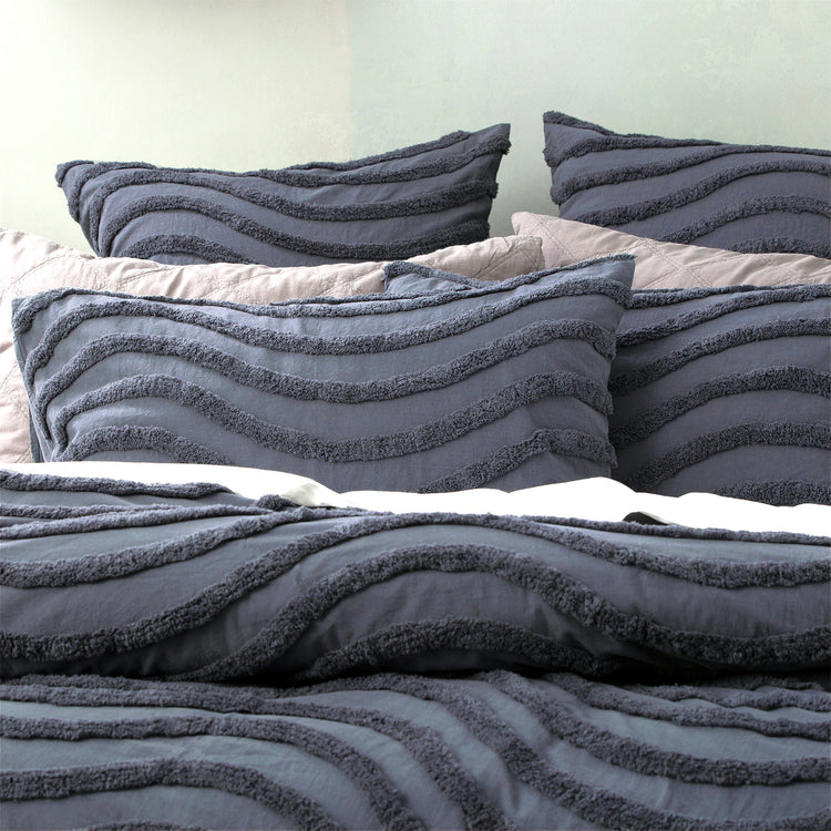 Wave Cotton Chenille Vintage Washed Quilt Set Blue