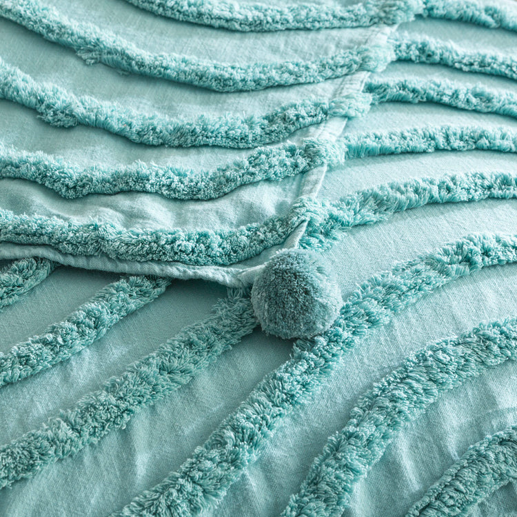 Renee Taylor Wave Cotton Chenille Vintage Washed Tufted Throw 130 x 200 Cms Aqua