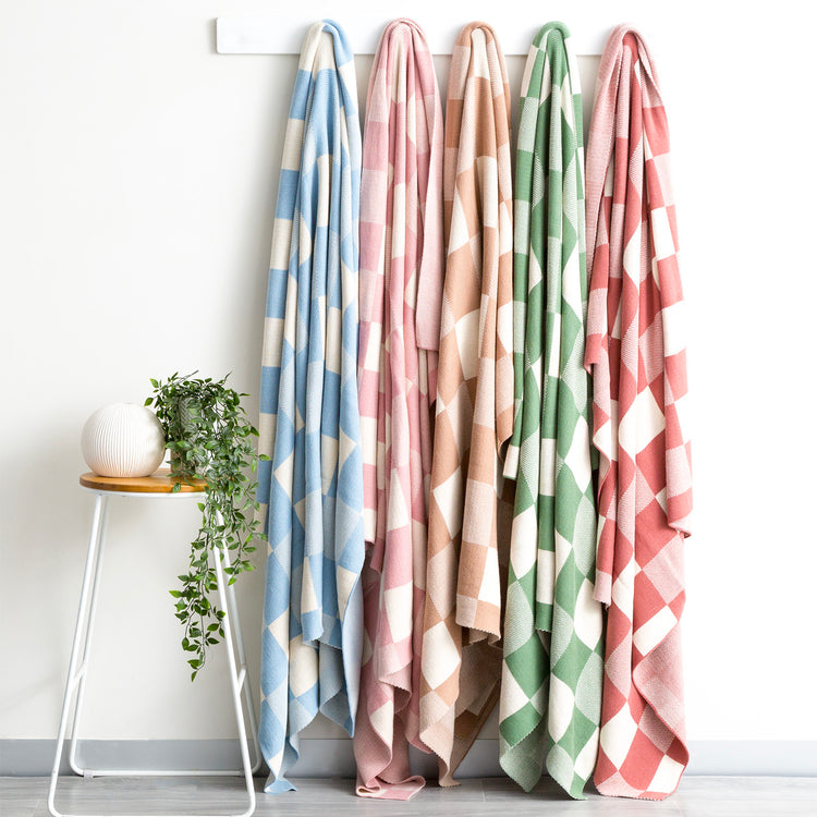Renee Taylor Newport Checkered Cotton Knitted Throw 130 x 170 cms Blush
