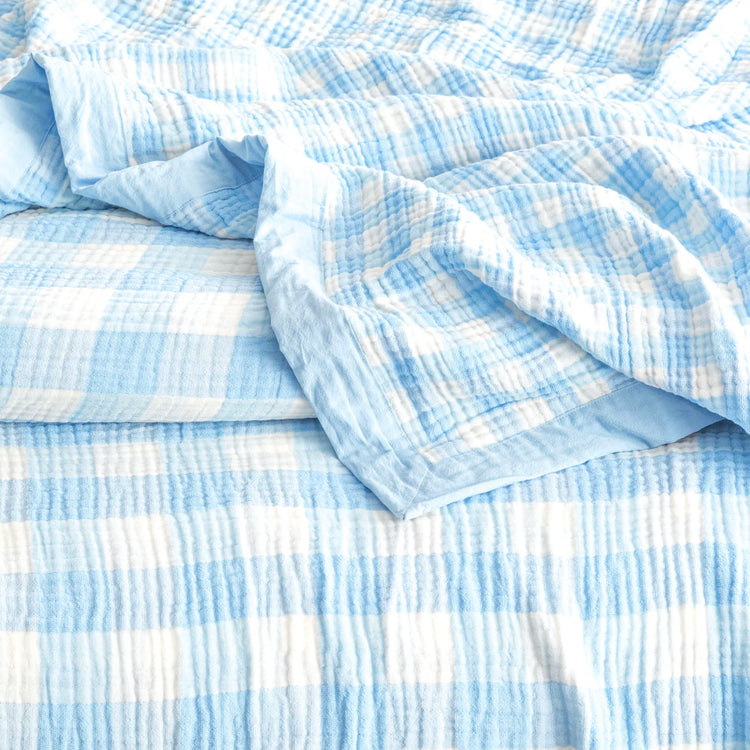 Renee Taylor Gingham Washed Cotton Yarn Dyed Revesible Textured Blanket French Blue