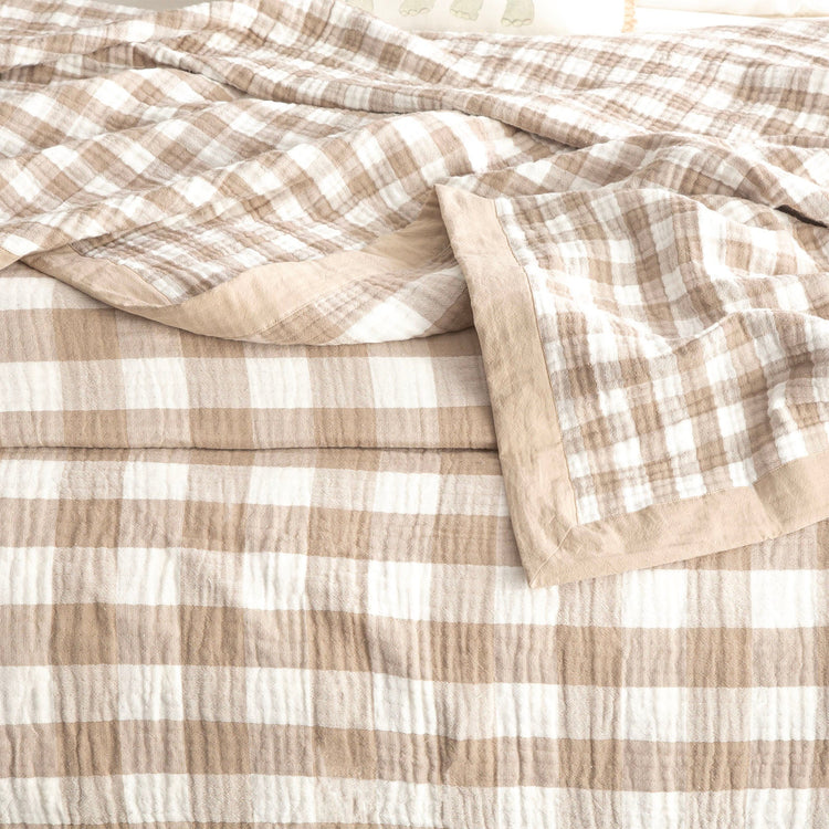 Renee Taylor Gingham Washed Cotton Yarn Dyed Revesible Textured Blanket Tan