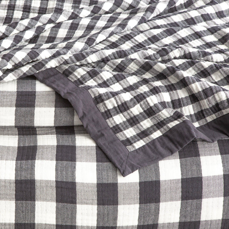 Renee Taylor Gingham Washed Cotton Yarn Dyed Revesible Textured Blanket Ash