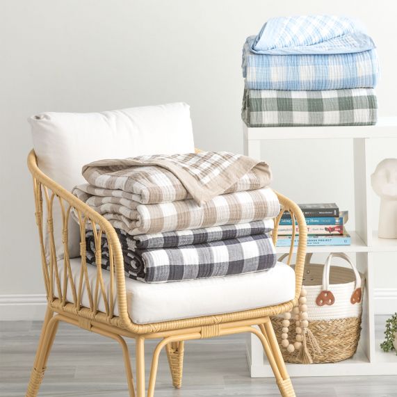 Renee Taylor Gingham Washed Cotton Yarn Dyed Revesible Textured Blanket Tan