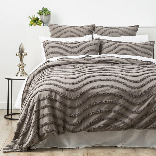 Wave Cotton Chenille Vintage Washed Quilt Set Grey