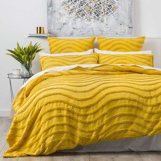 Wave Cotton Chenille Vintage Washed Quilt Set Mustard