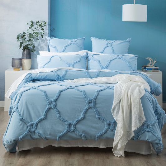 Moroccan Cotton Chenille Washed Tufted Quilt set Sky