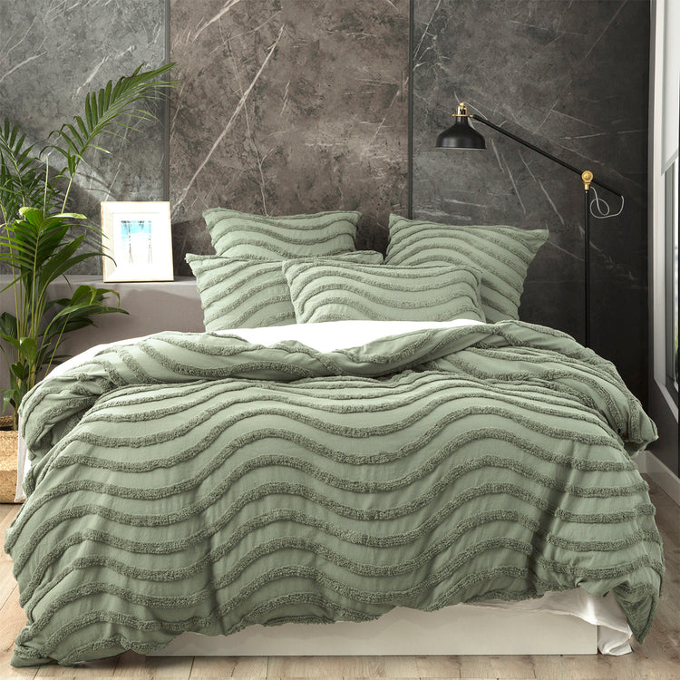 Wave Cotton Chenille Vintage Washed Quilt Set Sage