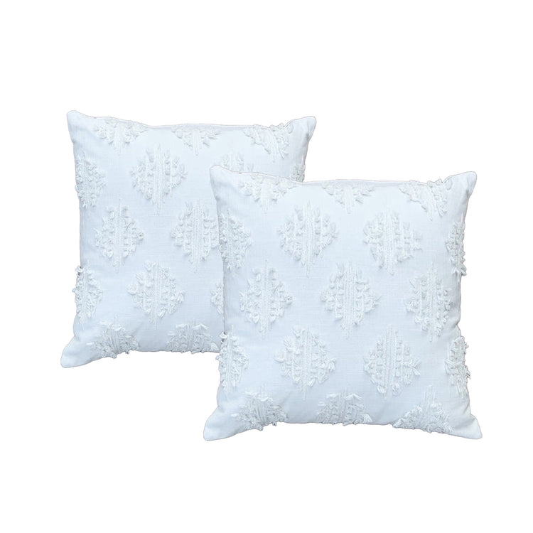 Cotton Chenille Embroidered Twin Pack Cushions 45 x 45 Cms Olena White
