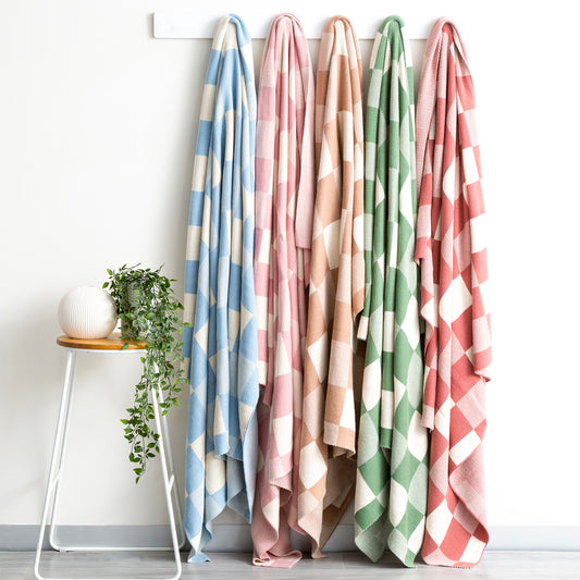 Renee Taylor Newport Checkered Cotton Knitted Throw 130 x 170 cms Blush